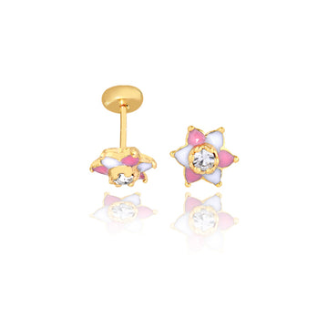 18K Gold Layered Oro Laminado White & Pink Enamel Flower With Clear Rhinestone Center Plug Kids Earrings 21.0411/7